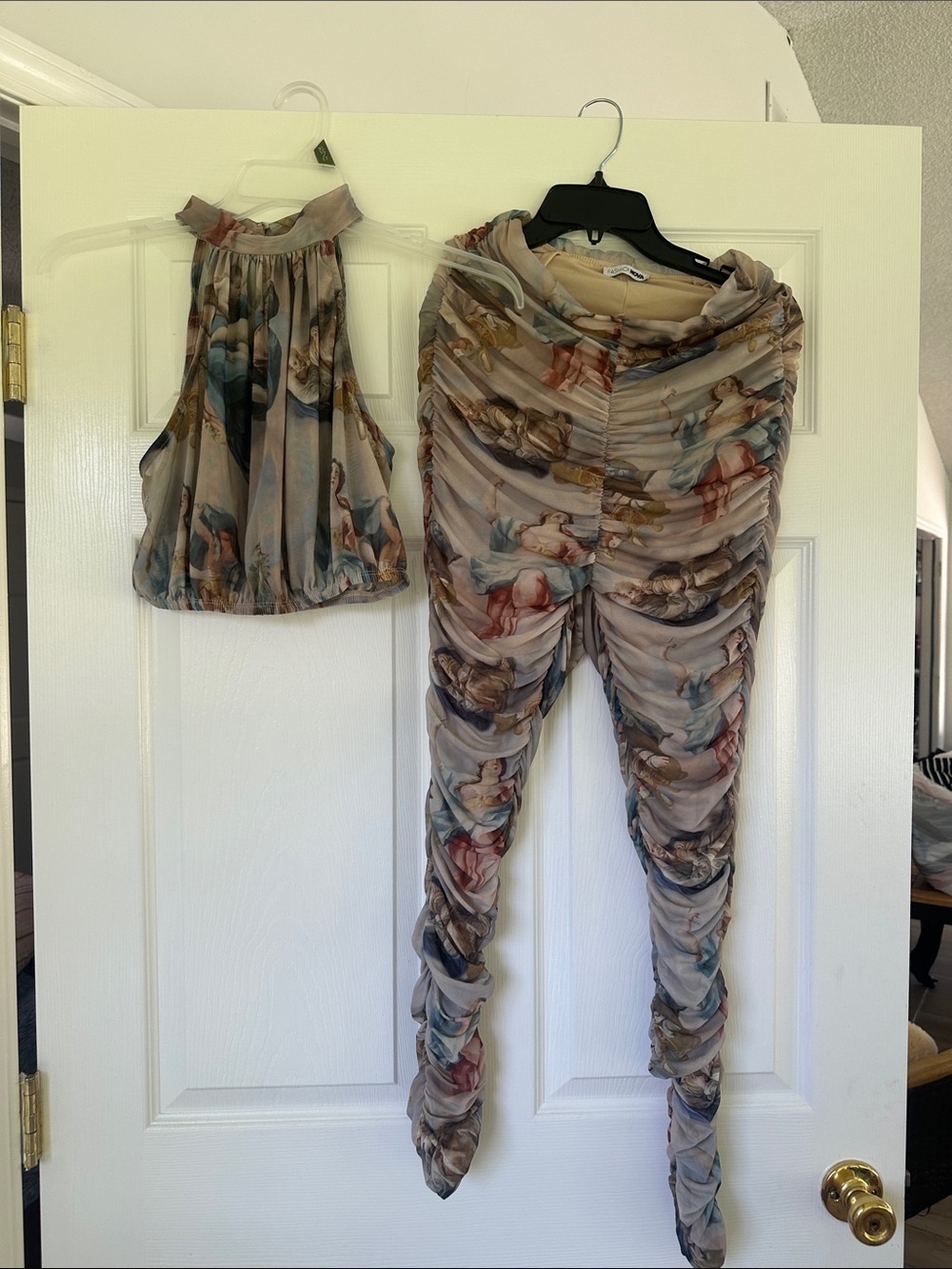 Fashion Nova Ruched Sheer Angel Print Pants in Beige, Blue, Red